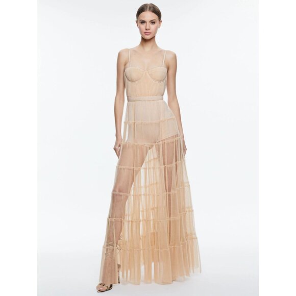 Alice + Olivia Deena Pleated Almond Maxi Dress With Hot Pant 10 NWT $660 - Picture 4 of 14